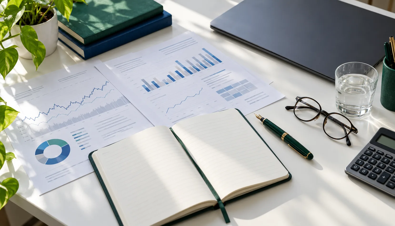 Illustrative research workspace with financial worksheets, notebook and calculator