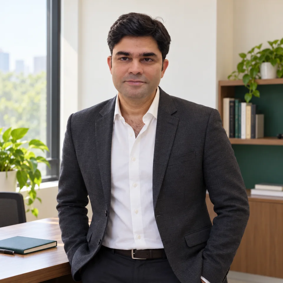 AI-restyled portrait of Rohit Tripathi standing beside a research desk in an office